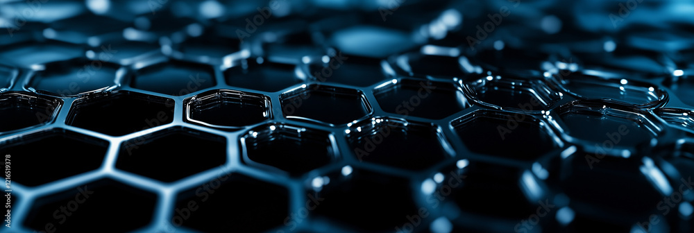 Fototapeta premium Abstract background with hexagons and connection lines on a dark blue backdrop, a technology or science concept banne