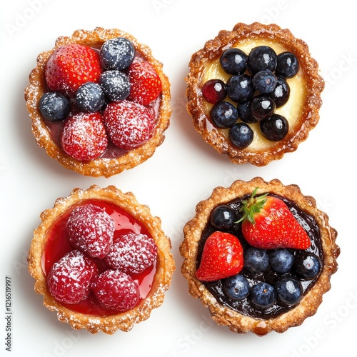 Delicious fruit tarts, berries, pastry, dessert, studio shot, white background, food photography, recipe photo