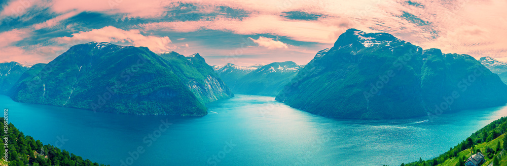 Panoramic view from above of the fjord. Beautiful Geirangerfjord at sunset, Hellesylt Norway Europe
