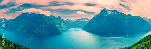 Obraz na płótnie Panoramic view from above of the fjord. Beautiful Geirangerfjord at sunset, Hellesylt Norway Europe w salonie