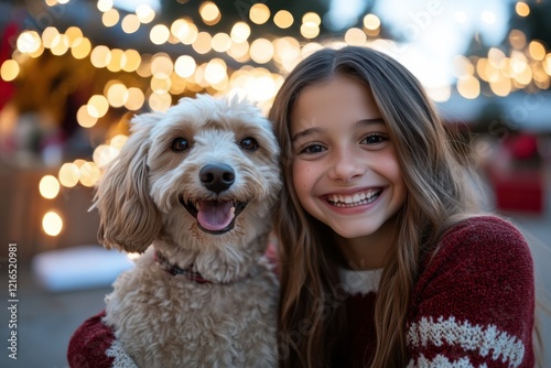 A joyful girl poses with her smiling dog, surrounded by twinkling lights at a festive outdoor event, reflecting the warmth of friendship and holiday spirit in the atmosphere. photo