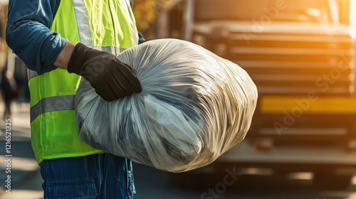 Dedicated Garbage Collection Worker in Bright Yellow Vest Holding Trash Bag