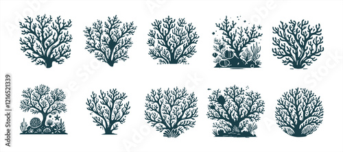  sea corals and seaweed black silhouette. Aquarium plants, underwater ocean flora, algae. Vector illustration isolated on white background