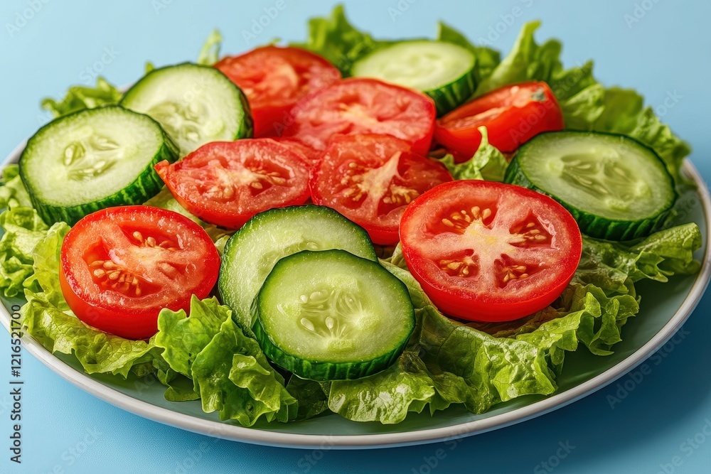 Fresh tomato cucumber salad plate, light blue background, healthy eating Fresh tomato cucumber salad plate, light blue background, healthy eating