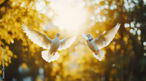 Hope and Love: Two Doves in a Blossoming Meadow