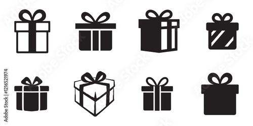 set of gift box icons in black and white for celebration