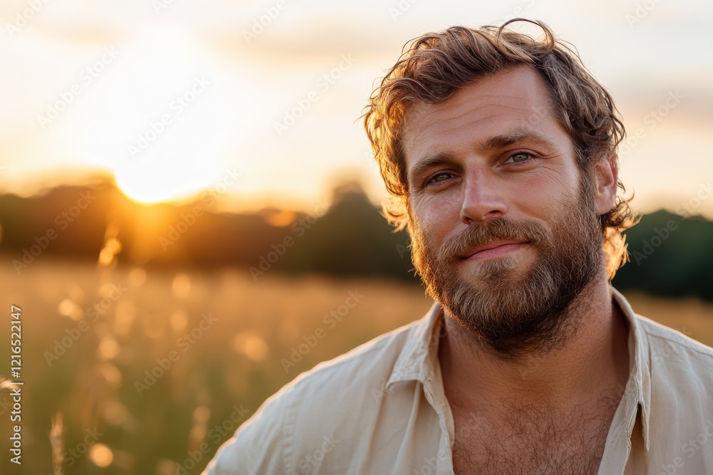 Fototapeta premium A happy man with curly hair smiles while enjoying the warmth of a stunning sunset in a field, representing joy and the beauty of life's simple moments.