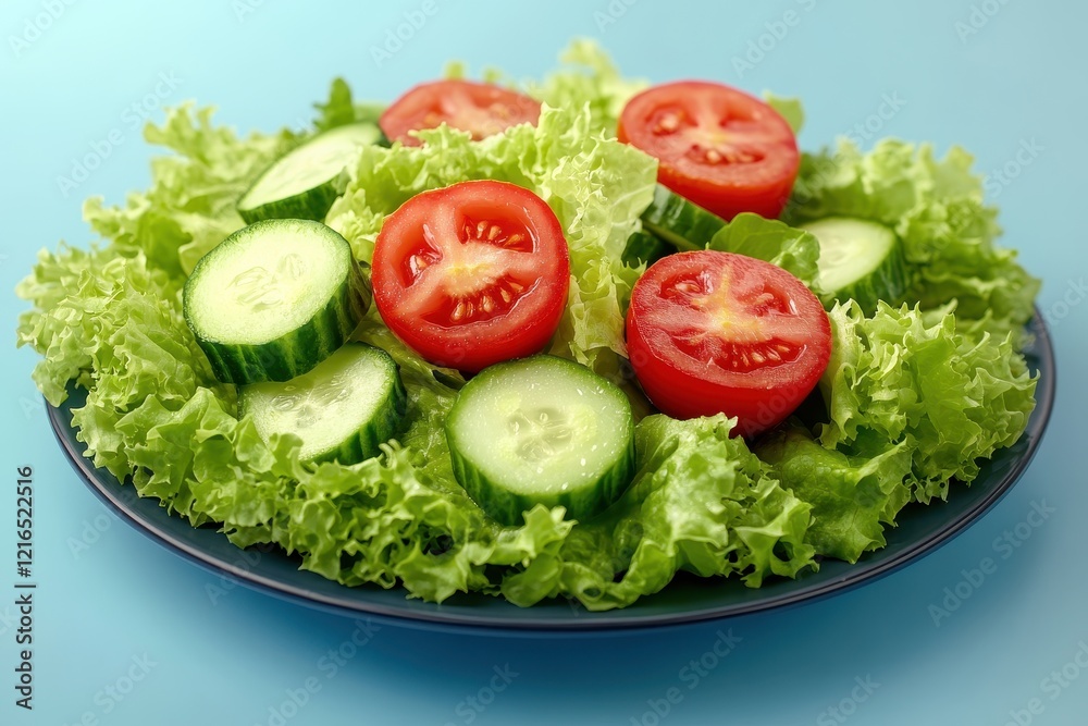 Fresh salad, tomatoes, cucumbers, lettuce, plate, blue background, healthy food, recipe (3) Fresh salad, tomatoes, cucumbers, lettuce, plate, blue background, healthy food, recipe (3)