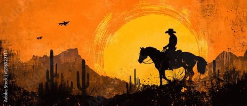 silhouette of a cowboy riding a horse in the desert at sunset