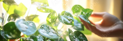 Sunlight Streams, Fresh Air Moments A Gentle Hand Dusts Lush Potted Plant in Serene Home photo