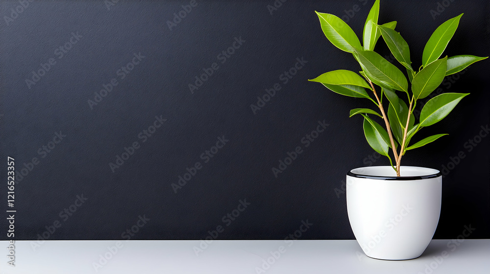 Lush Green Plant in a Simple White Pot Against a Dark Background Lush Green Plant in a Simple White Pot Against a Dark Background