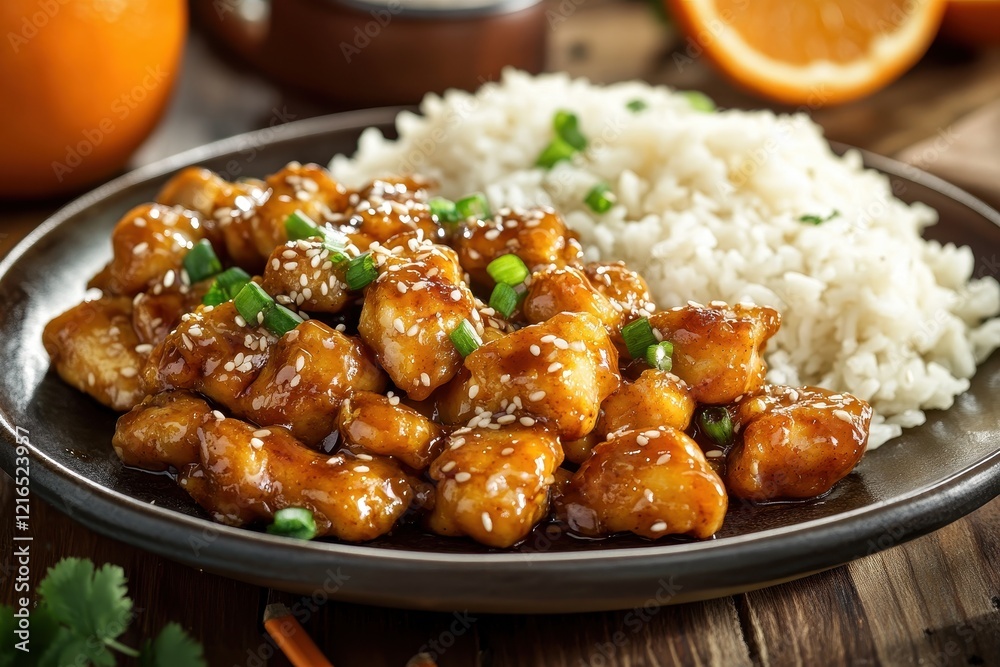 Orange chicken, rice, sesame, kitchen table, meal Orange chicken, rice, sesame, kitchen table, meal