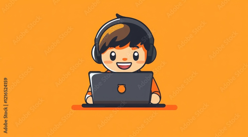 Happy boy using a laptop. He's wearing headphones and smiling. Perfect for education, technology, or online learning concepts. Happy boy using a laptop. He's wearing headphones and smiling. Perfect for education, technology, or online learning concepts.