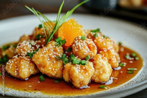 Sesame Chicken Restaurant Dish, Closeup, Orange Garnish photo