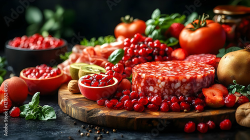 A vibrant and colorful spread of fresh red fruits, vegetables, and cured meats arranged on a rustic wooden board, creating a delicious and healthy mea photo