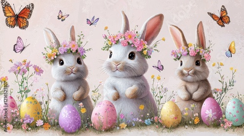 Adorable bunnies with floral crowns and colorful easter eggs