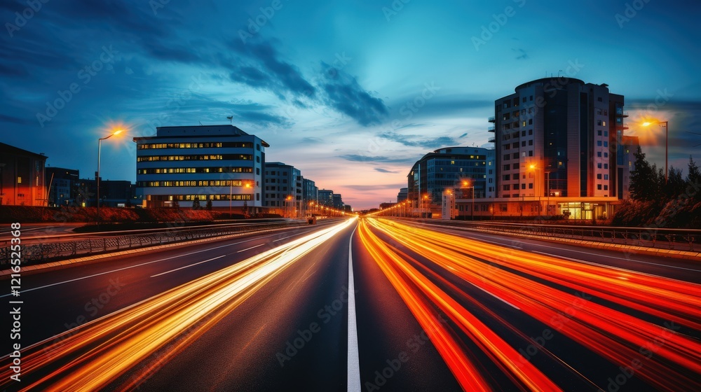 Fototapeta premium Dynamic Night Traffic Scene Urban City Photography Evening Wide Angle Motion