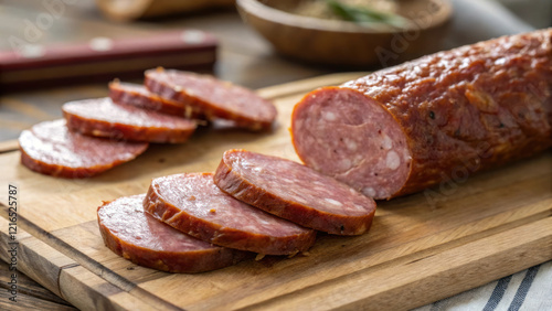 Sliced smoked sausage on wooden board, showcasing its texture and color