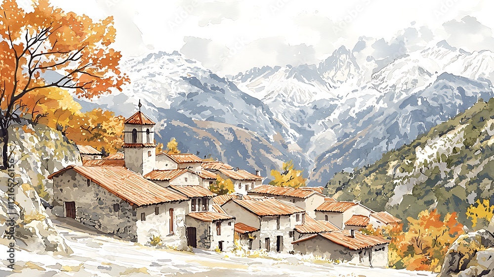 Obraz premium Autumnal Village Nestled in the Pyrenees Mountains.