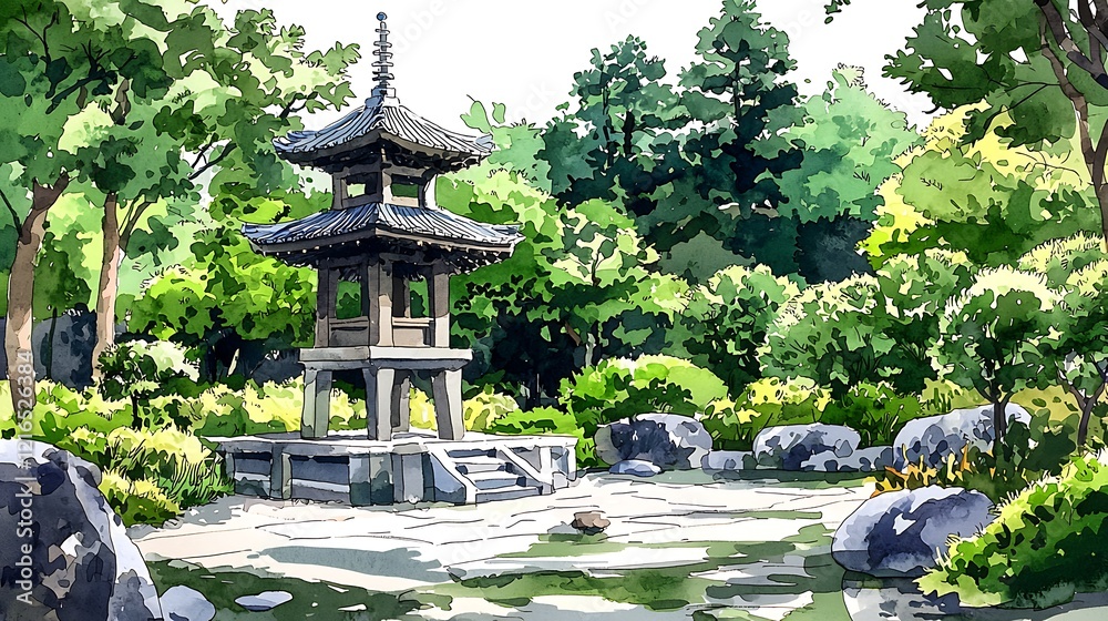 Serene Japanese Garden with Pagoda Watercolor Painting. Serene Japanese Garden with Pagoda Watercolor Painting.