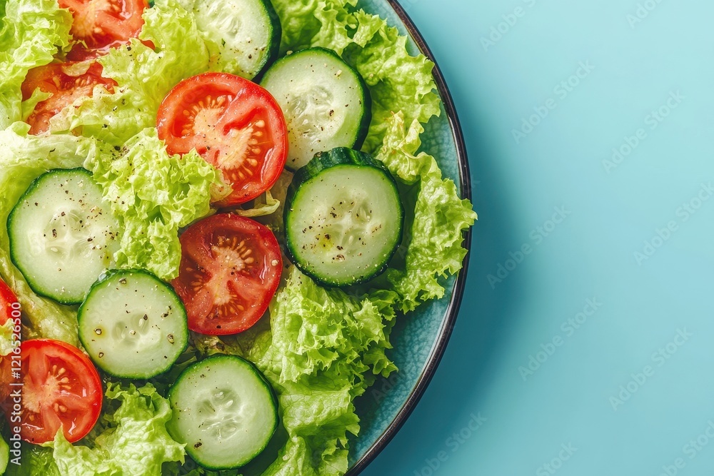 Fresh salad, tomatoes, cucumbers, lettuce, blue background, healthy food, recipe Fresh salad, tomatoes, cucumbers, lettuce, blue background, healthy food, recipe