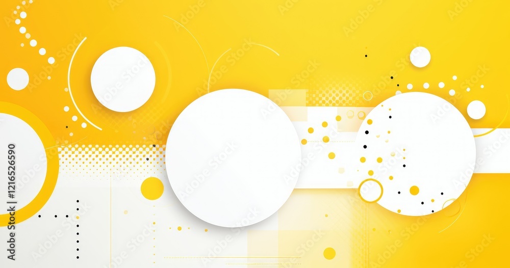 Fototapeta premium Abstract design featuring yellow background with various circles and geometric shapes.