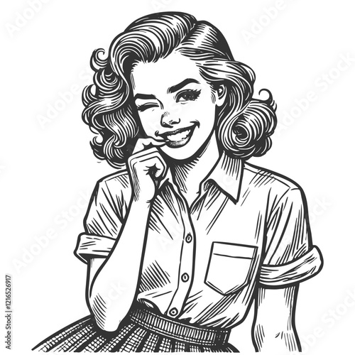 Playful smiling beautiful young woman flirty biting her little finger sketch engraving generative ai fictional character vector illustration. Scratch board imitation. Black and white image.