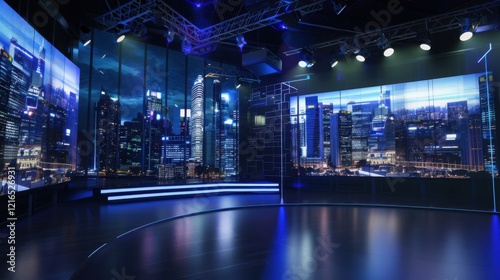 Modern Television Studio with Stunning Night Cityscape Backdrop: A Futuristic Broadcast Environment
