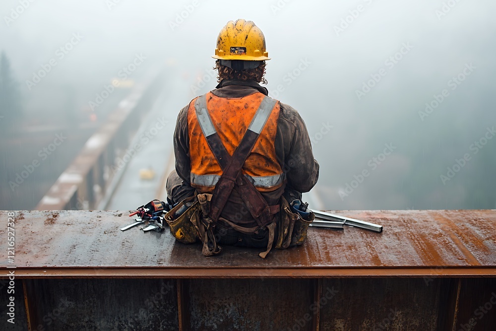 Fototapeta premium Construction worker taking a break on a foggy bridge