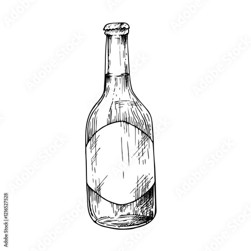 Vector Glass bottle of soda, beer. Graphic ink ale illustration isolated on background. Hand drawn line sketch. For designers, prints, logo, menu, postcards, wrapping paper, holiday, covers