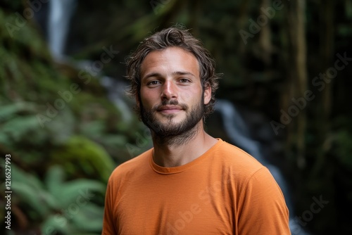 A friendly man in a bright orange t-shirt stands in a lush setting with a gentle smile, capturing the essence of joy and connection with nature's vibrant beauty.