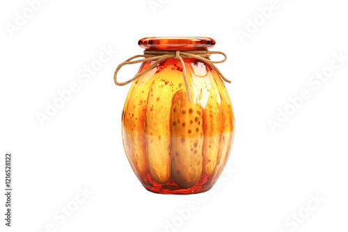 Pickled cucumbers in amber glass jar tied with twine