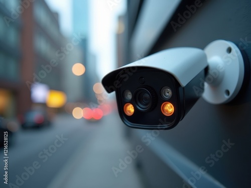 Surveillance camera mounted on a building keeping watch over a city street during evening hours with blurred lights in the background photo