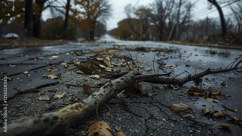 Broken tree branch on cracked pavement surrounded by scattered leaves and debris, depicting aftermath of strong winds and stormy weather, environmental damage concept. Broken tree branch on cracked pavement surrounded by scattered leaves and debris, depicting aftermath of strong winds and stormy weather, environmental damage concept.