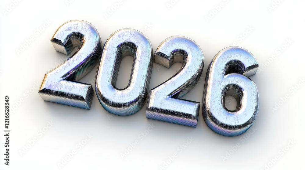 Metallic 3D Numbers 2026, Representing the New Year, Date, or Future Concept, Isolated on White. Metallic 3D Numbers 2026, Representing the New Year, Date, or Future Concept, Isolated on White.