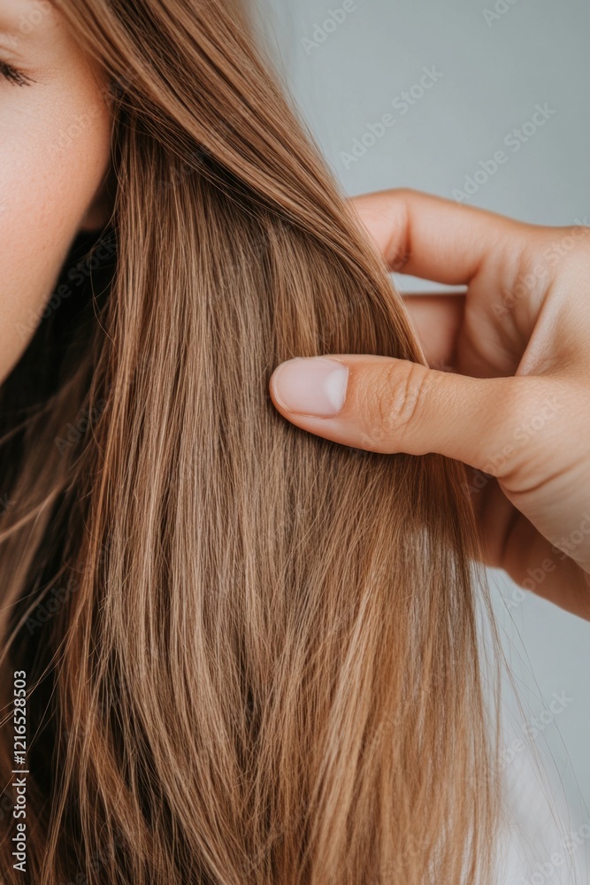 Obraz premium Gentle tugging on a healthy hair strand showcases the beauty and resilience of well-cared-for hair