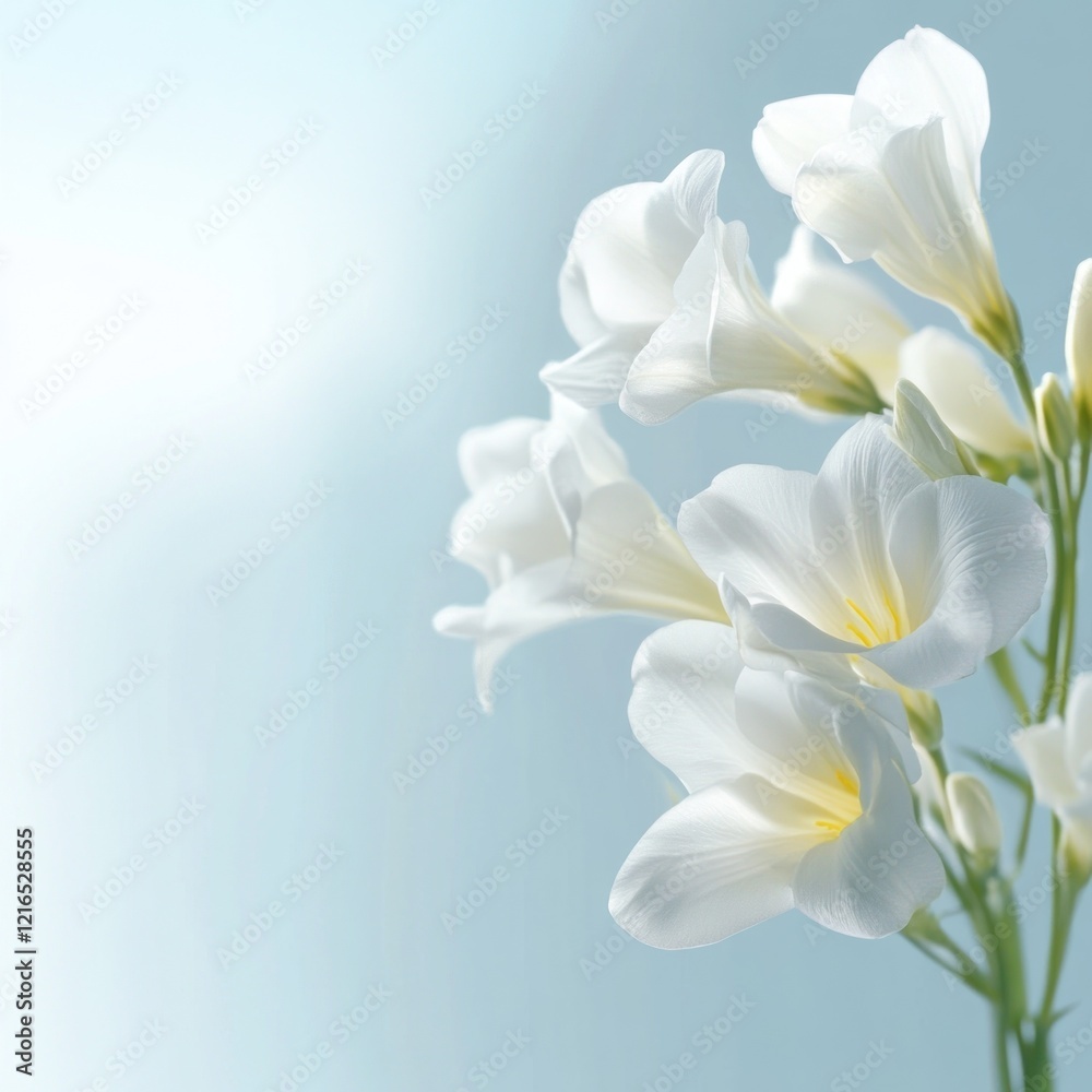 White flowers, soft light, blue background, spring, greeting card White flowers, soft light, blue background, spring, greeting card