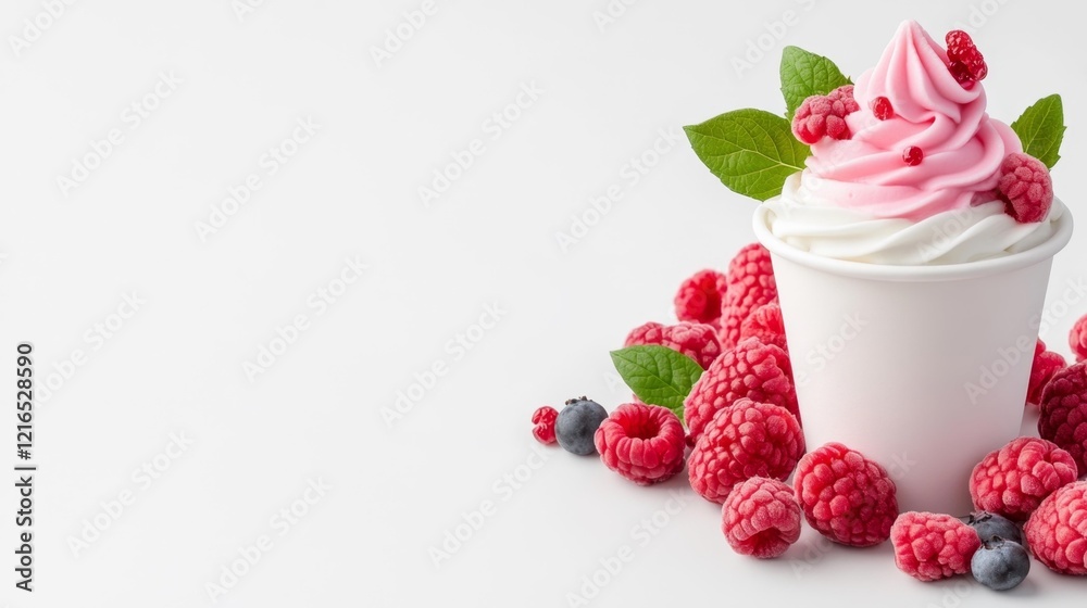 Frozen Yogurt Cup with Raspberry and Blueberry Toppings. Generative AI Frozen Yogurt Cup with Raspberry and Blueberry Toppings. Generative AI