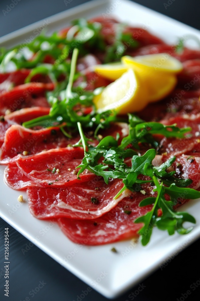 thinly sliced raw beef with fresh arugula and lemon garnish, served on an elegant white plate thinly sliced raw beef with fresh arugula and lemon garnish, served on an elegant white plate