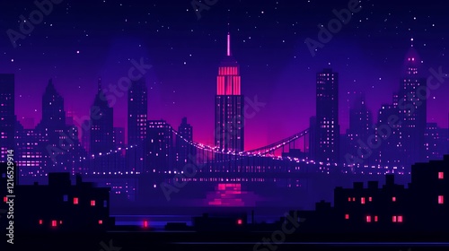 Night City Skyline Featuring Iconic Building and Bridge