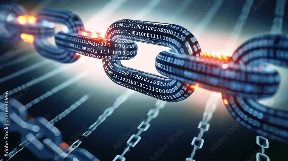 A digital glowing chain with binary code on dark background