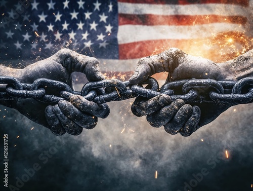 Two hands trying to break some chains. Illustration