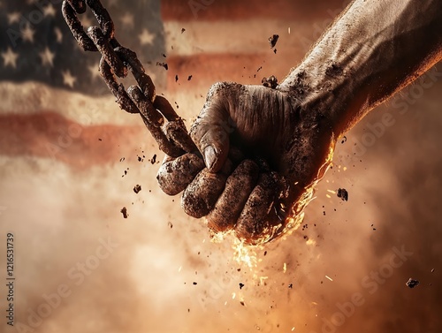 A man breaks a chain and a flag behind him. Illustration