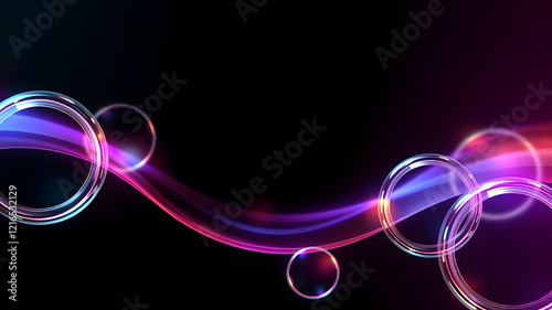 Abstract 3d black background wallpaper with glass transparent circles and colorful light iridescent neon holographic gradient. Crystal render rings, digital graphic design tech banner. Generative AI