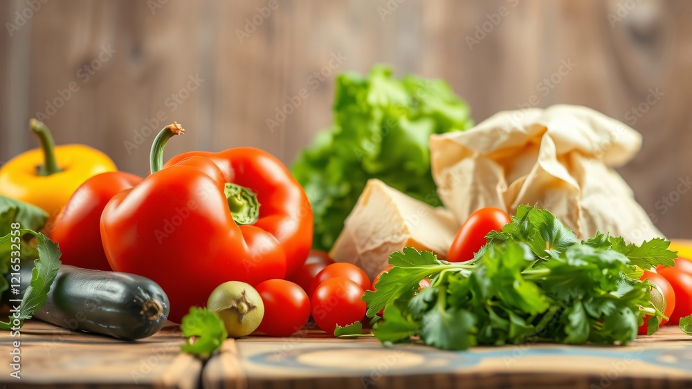 Fresh, Vibrant Vegetables and Herbs on Rustic Wooden Table Fresh, Vibrant Vegetables and Herbs on Rustic Wooden Table