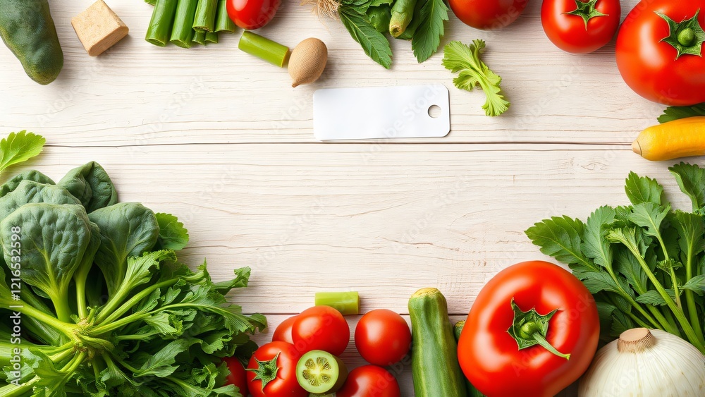 Fresh Organic Vegetables Frame on White Wooden Background with Copy Space Fresh Organic Vegetables Frame on White Wooden Background with Copy Space