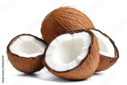 Tropical whole and halved coconuts isolated on white background for food packaging photo