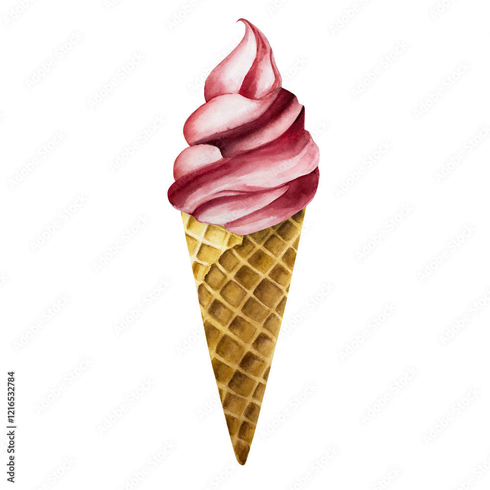 Strawberry, raspberry, cherry soft ice cream in crispy waffle cone. Hand painting sweet watercolor illustration isolated on background. For designers, menu, shop, decoration, restaurant, for postcards Strawberry, raspberry, cherry soft ice cream in crispy waffle cone. Hand painting sweet watercolor illustration isolated on background. For designers, menu, shop, decoration, restaurant, for postcards