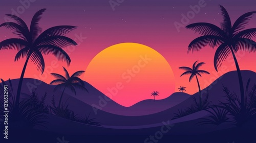 Vibrant sunset over tropical landscape with silhouettes of palm trees