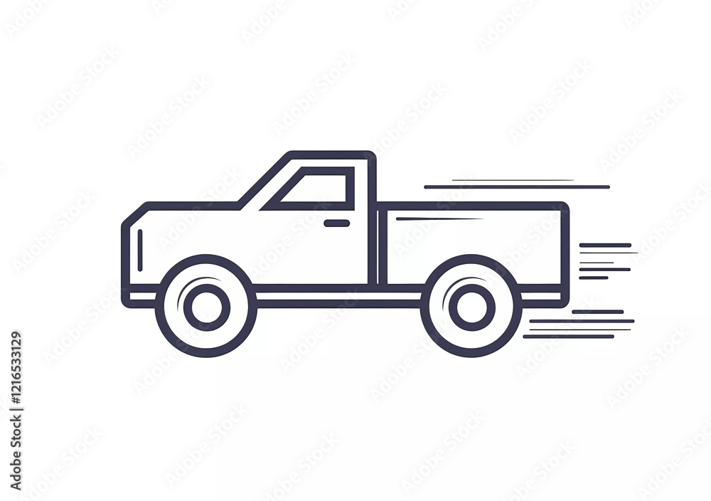 Super simple line vector icon of a truck moving fast, on a white background, in a minimalistic style, with thin black lines.